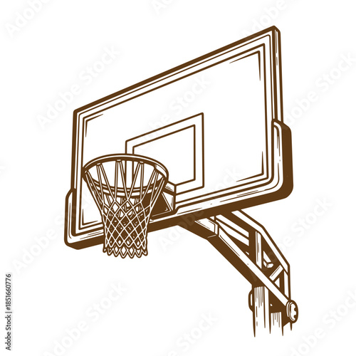 Hand drawn basketball hoop and backboard illustration in a sketch vintage style