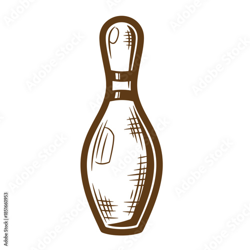 Hand drawn brown color sketch of a bowling pin ready for a strike on a white background