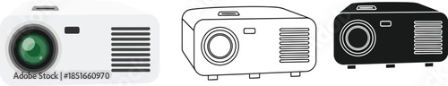 Three projectors are shown from different angles and in different styles.