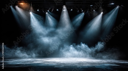 Spotlights shine on a foggy stage area in a theater setting during a performance at night