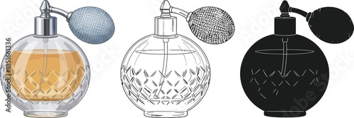 A vintage perfume bottle with a bulb sprayer sits on a white background.
