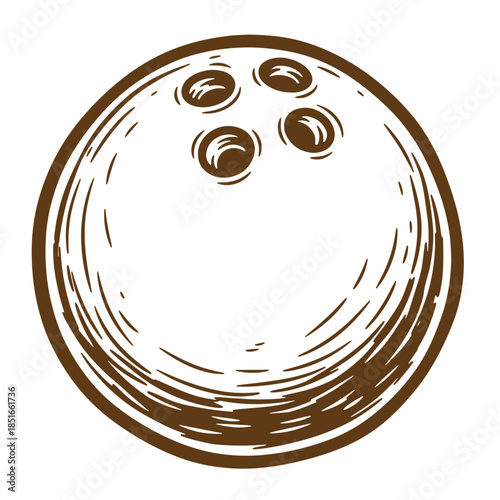 Hand drawn illustration of a brown bowling ball featuring the traditional finger holes