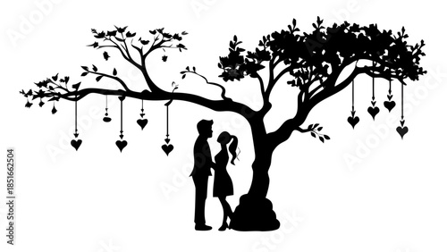 Couple under tree with hearts isolated on white background