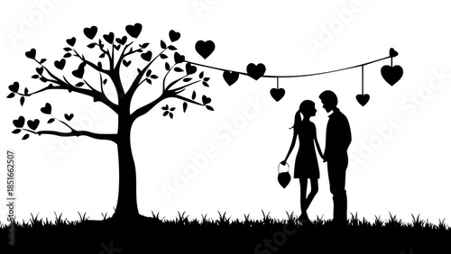 Couple under heart tree isolated on white background