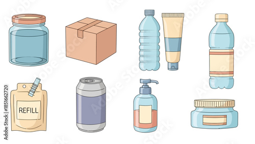 Assortment of various empty packaging containers including bottles, jars, cans, and a box, illustrating different product storage solutions and materials