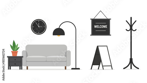 Modern Minimalist Interior Design Elements Set - Stylish Furniture and Decor Objects for Home or Office Spaces