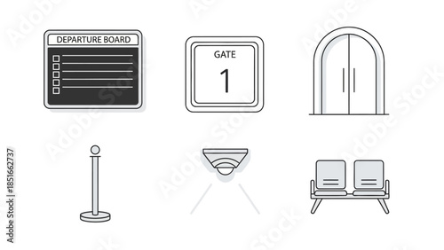 Airport and Travel Icons Departure Board, Gate, Doors, Stanchion, Sensor, and Seating