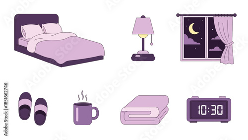 Illustration Set of Bedroom Comforts and Nighttime Routine Icons