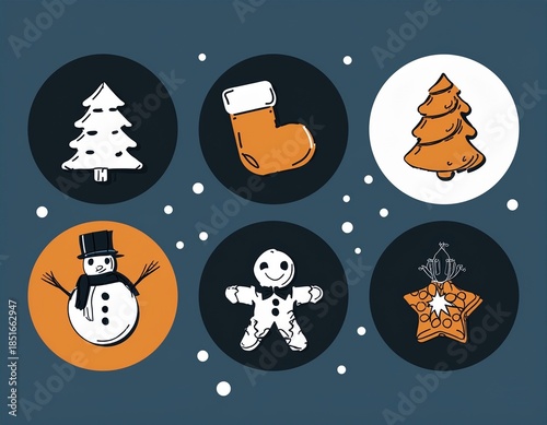 Christmas holiday icon set featuring festive winter elements such as candy cane, snowman, gift box, bell, star, gingerbread, ornaments and decorations.