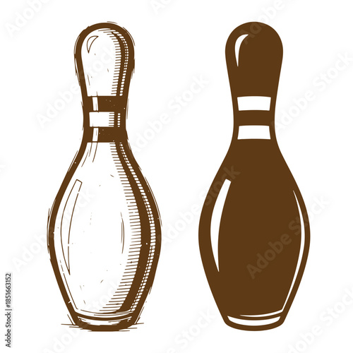 Hand drawn sketch vintage bowling pins illustration in brown isolated on white background