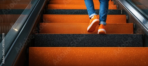 The stairs with orange steps and a person walking up wearing sneakers