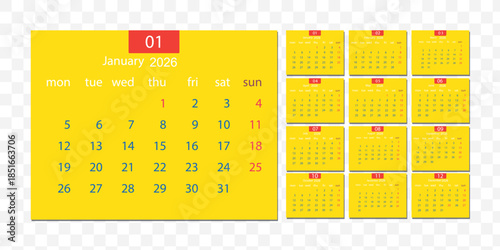 Set of calendars 2026 years. Week starts on Sunday. Calendar Set for 2026 . Yearly planner layout with 12 month. Vector illustration