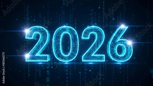 Futuristic 2026 text visualization designed like a glowing blue circuit board or microchip, set against a dark digital background with binary code stream, representing technology and the New Year.