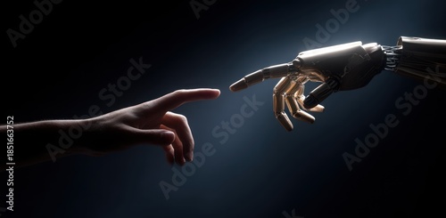 Human finger nearly touches metallic robotic finger against dark background.