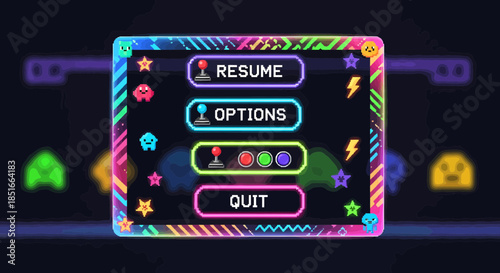 Retro Arcade Game Interface With Options And Pixelated Elements