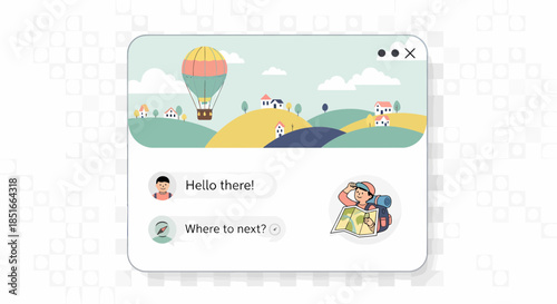 Stylized Journey Conversation With Landscape And Traveler Planning