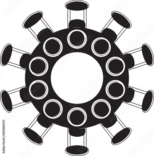Black and white illustration of a circular object with protruding tubes