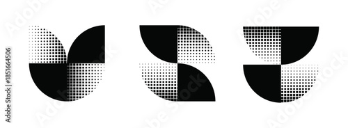 Abstract circular segments with halftone grid pattern black and white vector set.