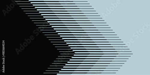 Abstract geometric black and white linear arrow vector art with horizontal line pattern background.
