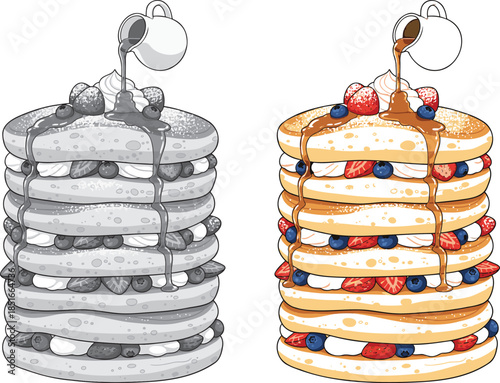 Delicious stack of pancakes with fresh berries and syrup