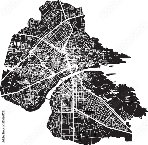 Detailed city map with roads and neighborhoods in black and white