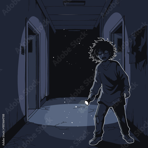 Scared teenager exploring abandoned dark hallway with flashlight