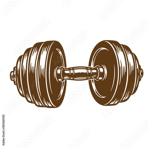 Vintage sketch illustration of a brown dumbbell for fitness and weightlifting training exercises
