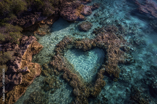 Fototapeta Naklejka Na Ścianę i Meble -  Heart shaped coral reef in shallow clear ocean water with sunlight reflections creating peaceful and romantic natural scene from above