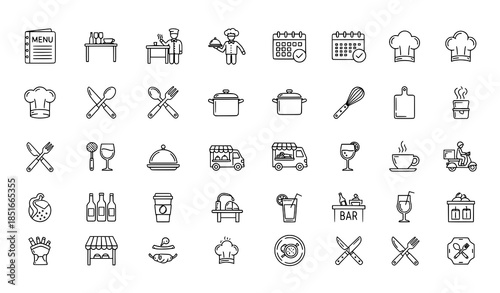 Thin line restaurant and food service icon system with editable stroke vector symbols