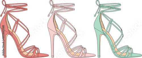 Modern high heel sandals vector illustration, elegant women footwear design, fashionable stiletto shoes outline, luxury summer heels, colorful minimal line art style