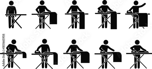Set of ironing clothes icons showing step by step laundry process, ironing board pictogram collection, housework routine, garment care workflow, flat vector illustration series