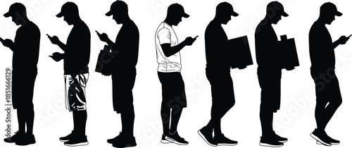 Silhouettes of people using smartphones standing in queue isolated on white background modern technology addiction communication concept illustration, minimal design social media behavior trend