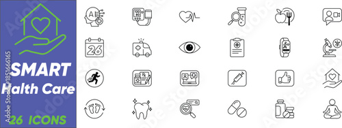 Smart Health Care Line Icons. Medical, Telemedicine, Fitness & Wellness Vector Set for UI/UX Design.
