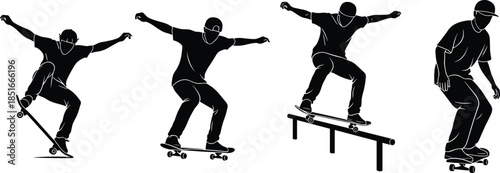 Skateboarder silhouette performing street tricks, urban skateboarding sequence illustration, extreme sport motion, skate park rail grind, dynamic action poses, modern minimal vector design
