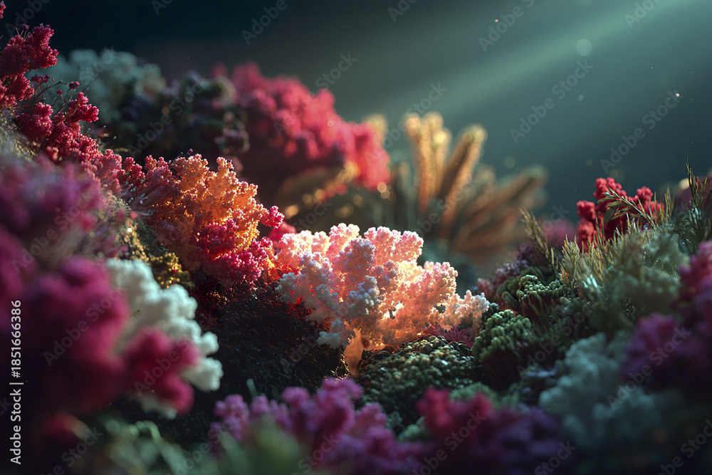 Fototapeta premium Colorful coral reef underwater with soft light rays, vibrant marine life, and diverse textures creating peaceful and enchanting ocean scene full of natural beauty and detail