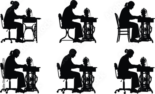 Vintage sewing machine silhouette set, woman tailor working, retro craftsmanship concept, fashion design process, handmade clothing, dressmaker studio, classic sewing equipment,
