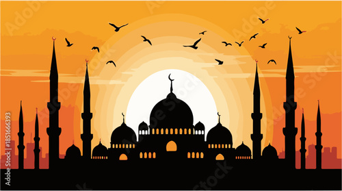 Golden Hour Silhouette of a Grand Mosque with Birds Flying in the Sky, Capturing Serenity and Architectural Beauty