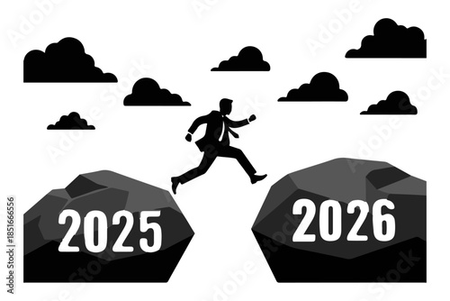 Businessman leaping across a chasm from the year 2025 to 2026, symbolizing the transition into the new year