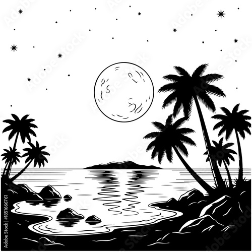 Tropical night illustration in monochrome. Full moon reflects on calm ocean water, silhouetted palm trees, starry sky. Evokes peaceful coastal escape ambiance