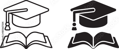 graduation cap,icons open book, education, academic achievement, learning, knowledge, black and white icons