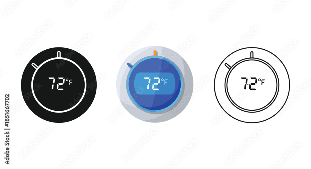 Fototapeta premium Set of three thermostat icons displaying 72 degrees Fahrenheit in solid black, colorful modern, and outline styles