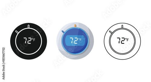 Set of three thermostat icons displaying 72 degrees Fahrenheit in solid black, colorful modern, and outline styles