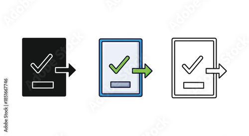 Document with checkmark and arrow icon set representing approval confirmation and transfer concept