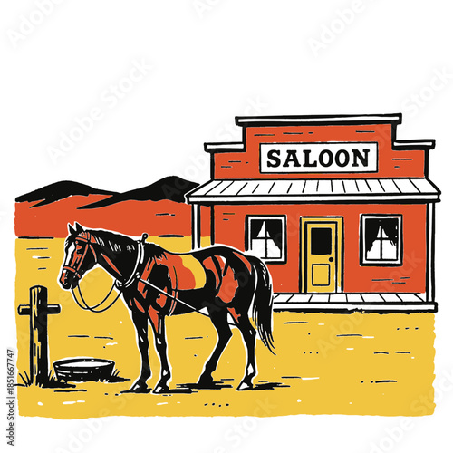 Western saloon horse hitching post old wild west desert frontier town vintage retro screen print style illustration art graphic design