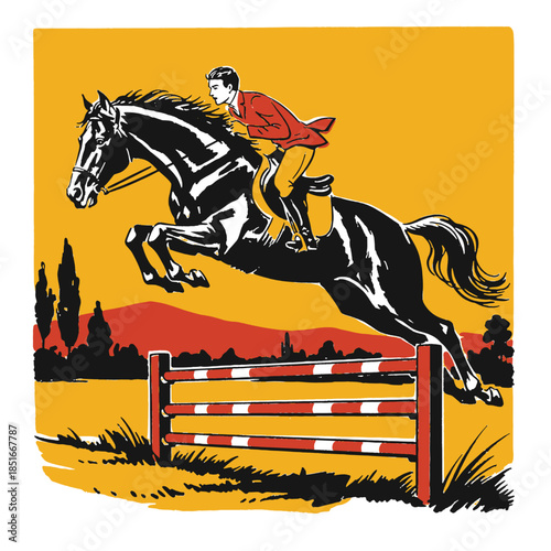 Equestrian horse show jumping vintage illustration, rider on black horse, steeplechase, hurdle obstacle, retro sports graphic design, mid-century vector art
