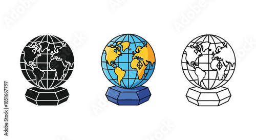 Set of three globe icons on a stand representing world geography and international concepts in solid black, colored, and outline styles