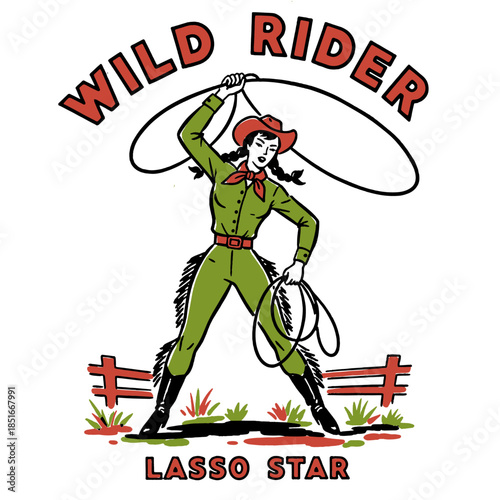 Wild Rider Lasso Star vintage cowgirl illustration, retro western typography design, female rodeo champion, chaps, cowgirl art print, distressed, texas western