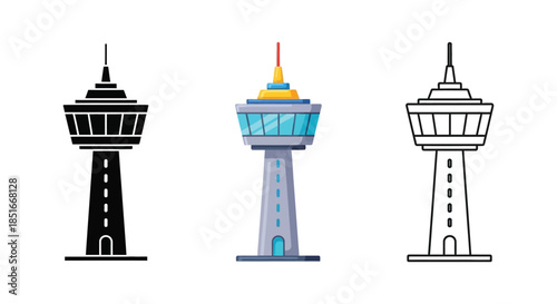 Set of three communication or observation tower icons in solid black silhouette, colorful flat design, and outline vector styles