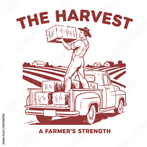 Fotografie Vintage farmer loading hay bales in pickup truck illustration, retro harvest des