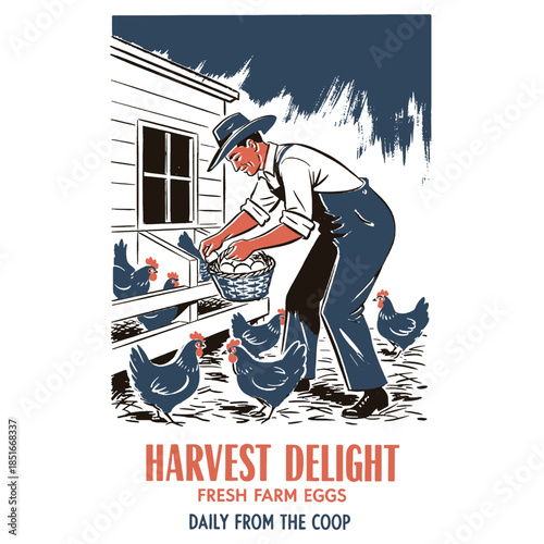 Vintage fresh eggs farm poster, farmer collecting eggs from coop illustration, retro farming label, harvest delight sign, screen print style poultry art, homestead food vector
